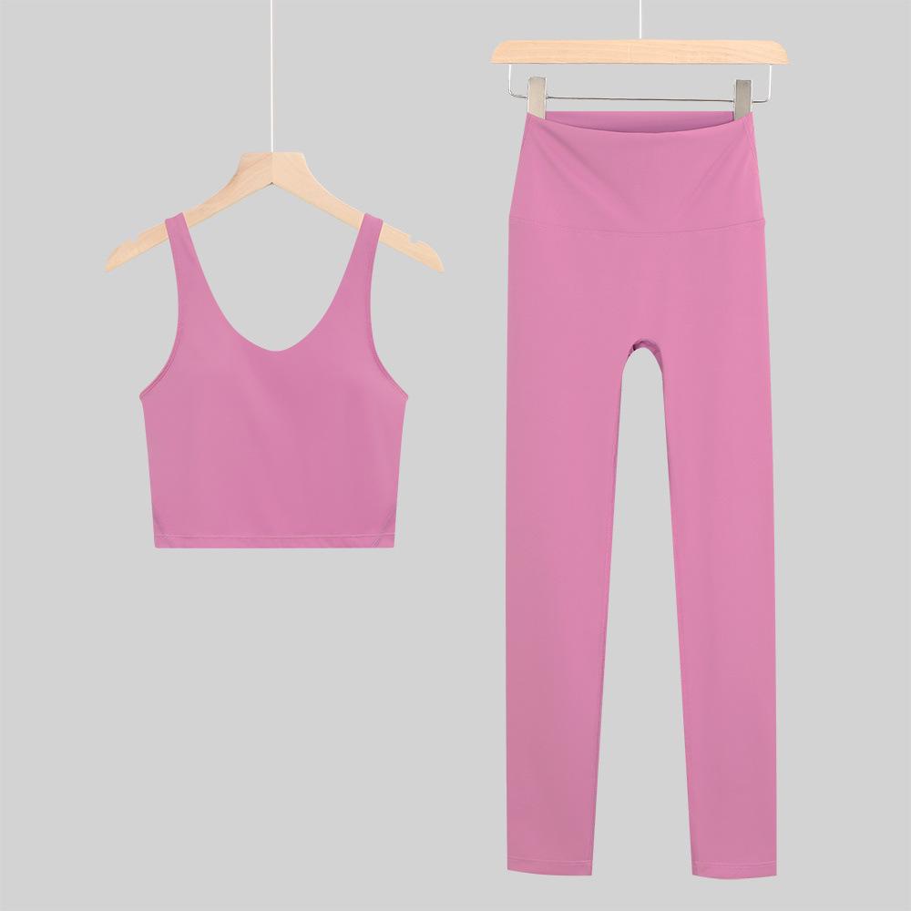 Lulu U-Back Sports Tank & 9-Point Yoga Pants Set with Bare-Feel Push-Up Bra for Women's Fitness