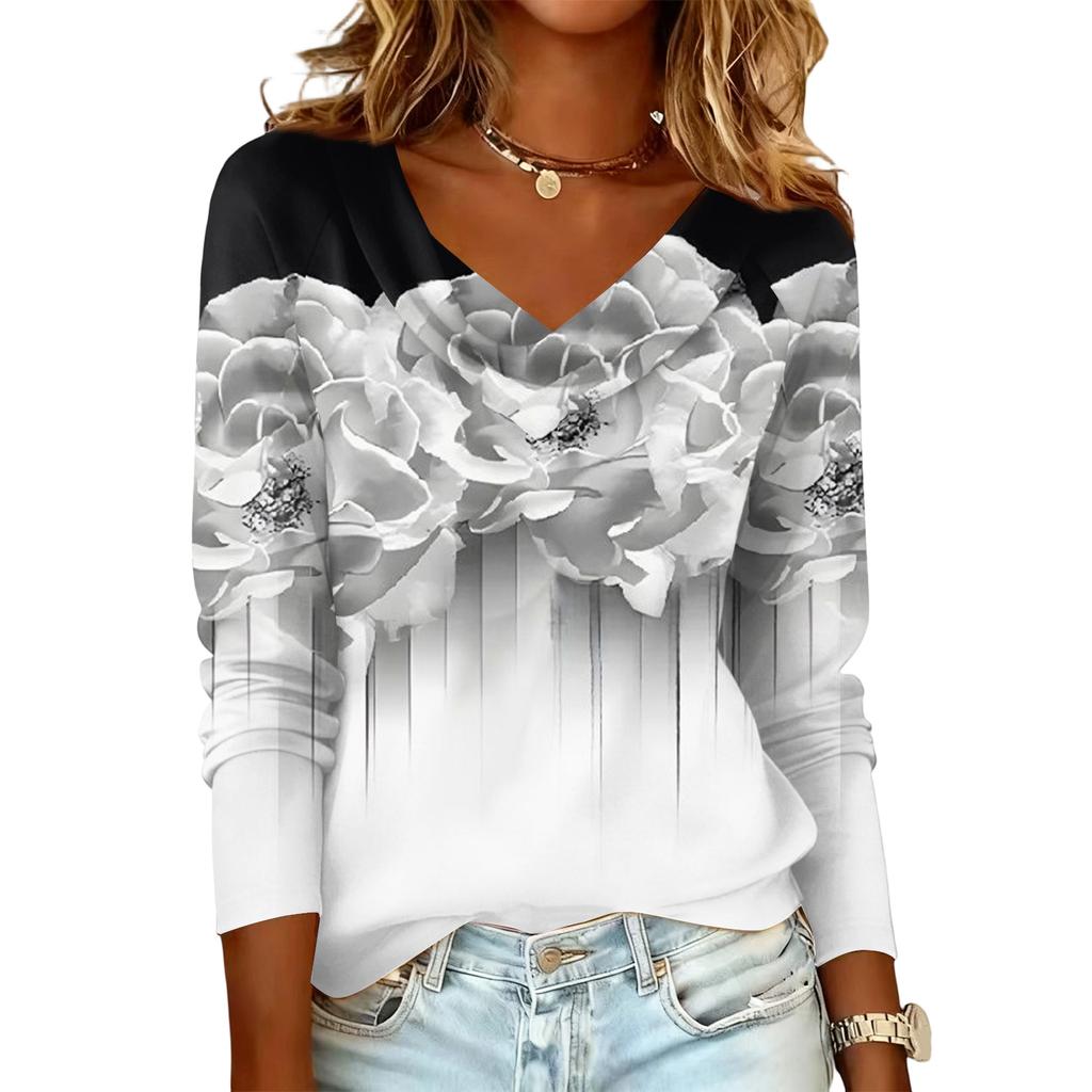 Ladies' Floral Printed Casual And Fashionable Long Sleeved Pullover Top
