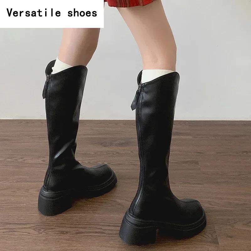 Vintage Women Knee High Boots Fashion Back Zippers Shoes Square High Heel Autumn Winter Ladies Knight Long Booties