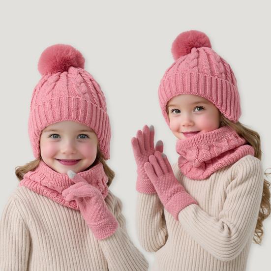 3Pcs/Set Kids Hat Scarf Gloves Set Colorful Twist Texture Hat Thickened Plush Lining Neck Gaiter Knitted Gloves Set