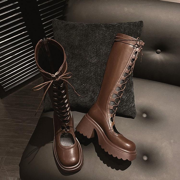 Fashion Comemore Summer Women High Boots Fashion Lace Up Platform Heel Shoes Ladies Elegant Women's Black Hollow Out Cool Knight Botas