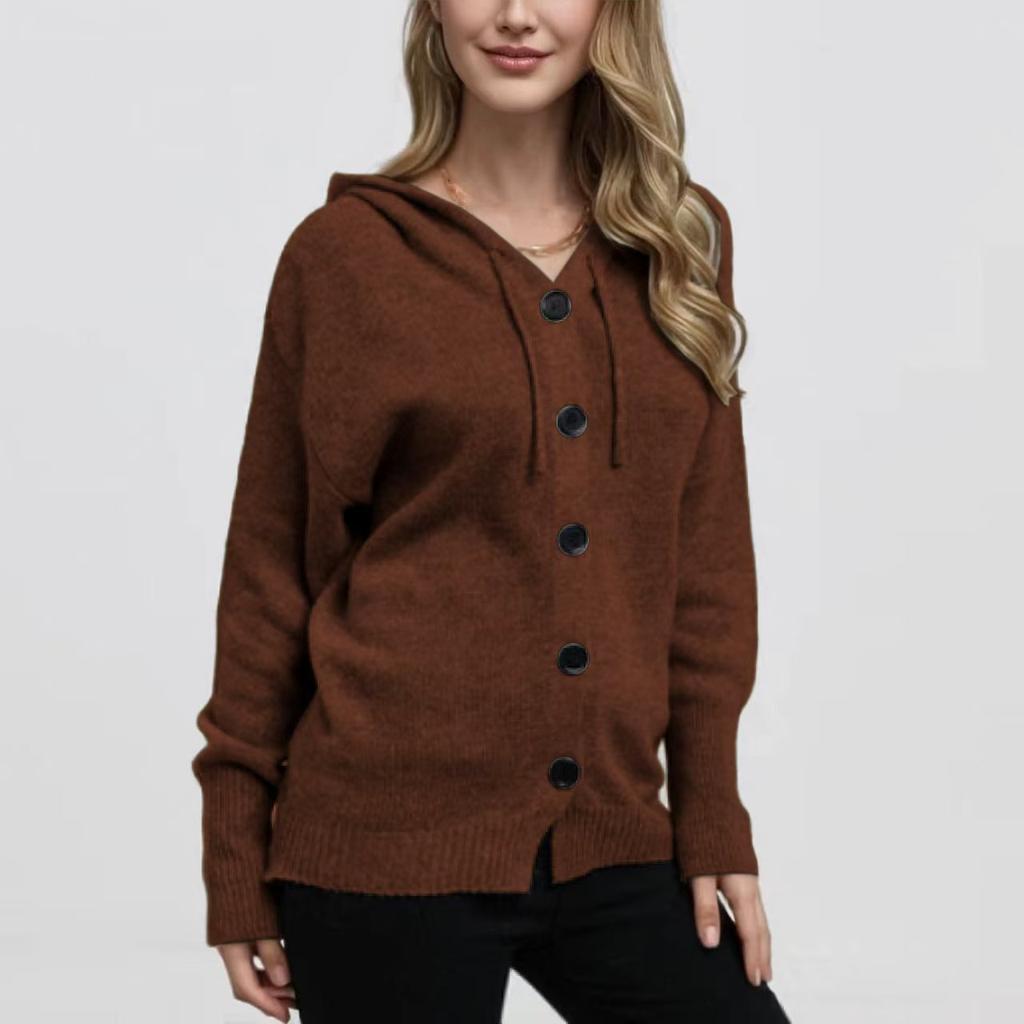 New Single-Breasted Hooded Cardigan Sweater Women's Autumn and Winter V-Neck Solid Color Knitted Sweater