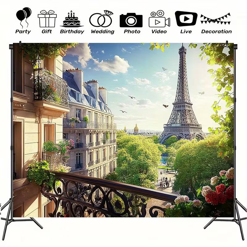 2D French Eiffel Tower Backdrop, Paris Cityscape Photography Background 47.2x31.5inch/120*80cm