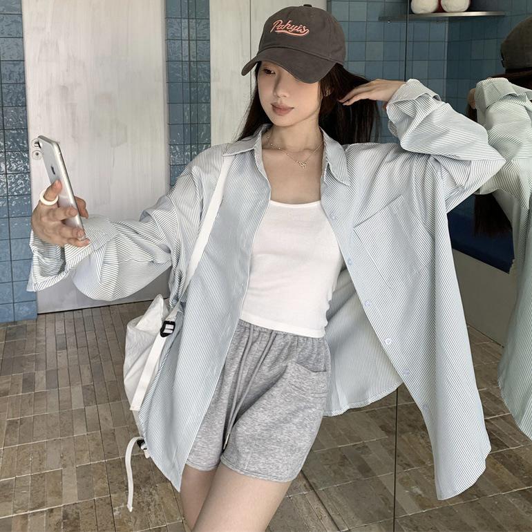 Korean Style Yellow Striped Long Sleeve Mid-Length Shirt Jacket for Women