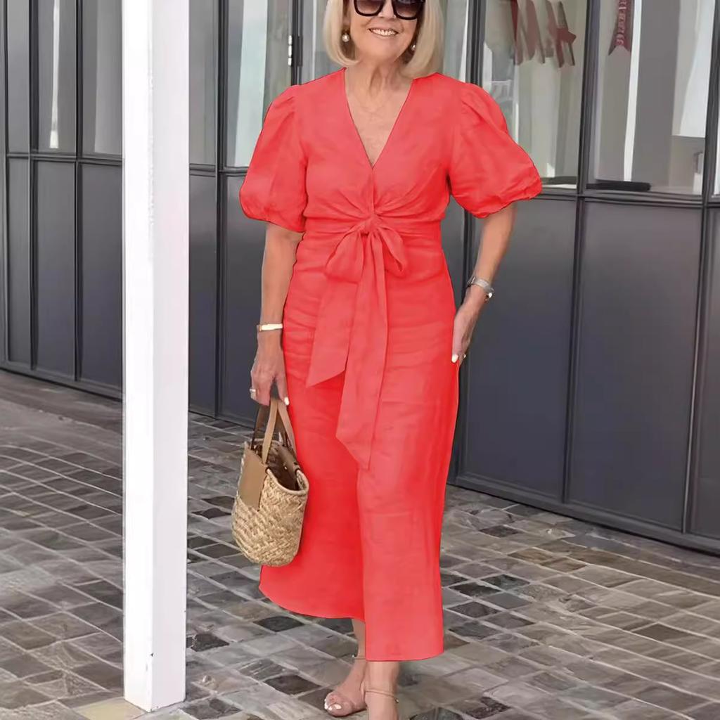 Women's Spring Summer Art Deco-inspired Vintage V-neck Lace-up Puff-Sleeve Cotton A-line Solid-Colour Dress