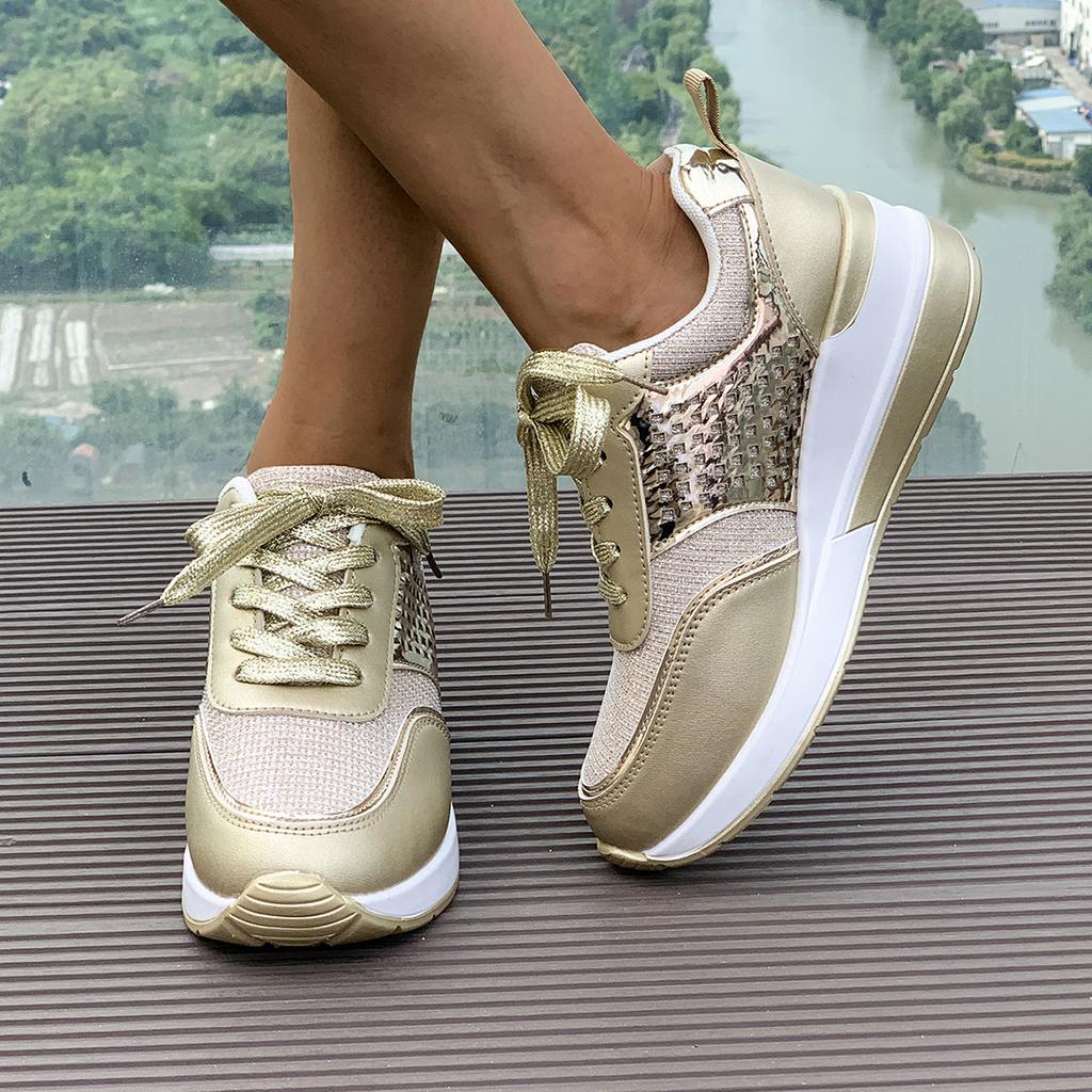 Women's Thick Soled Sports Shoes Breathable Sequins Round Toe Casual Sports Shoes Plus Size Lace Up Shoes 36-43