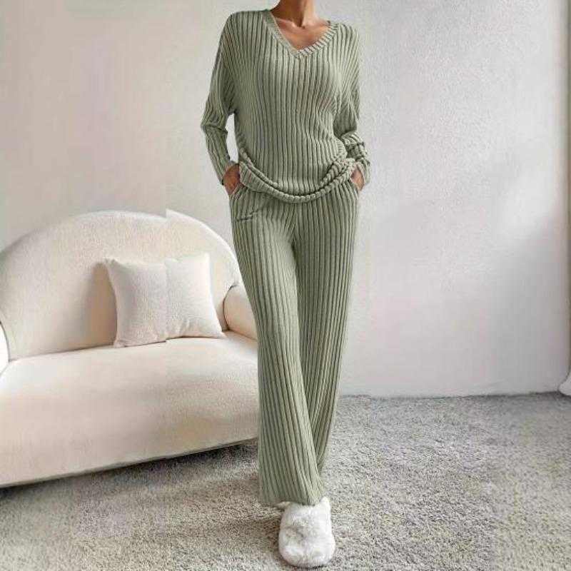 New Autumn Winter Women Two Piece Loungewear Set, Elegant Loose V-Neck Casual Outfit With Straight Leg Pants