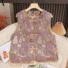 Dames Retro Chinese Kalebas Jacquard Vest, Lente/Herfst Ronde Hals met Kikkerknopen
