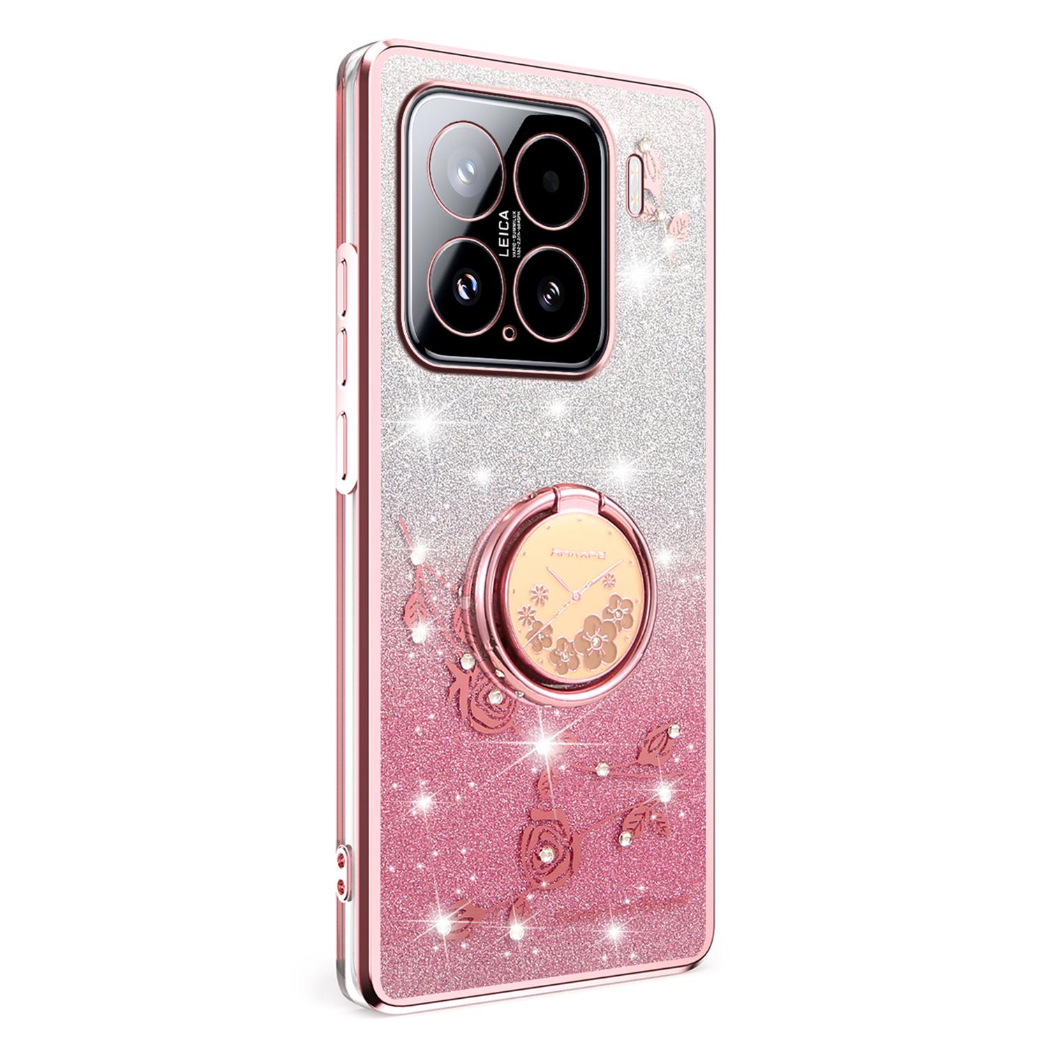 

For Xiaomi 15 Case Ring Kickstand TPU Flowers Phone Cover Gradient Glitter Purple