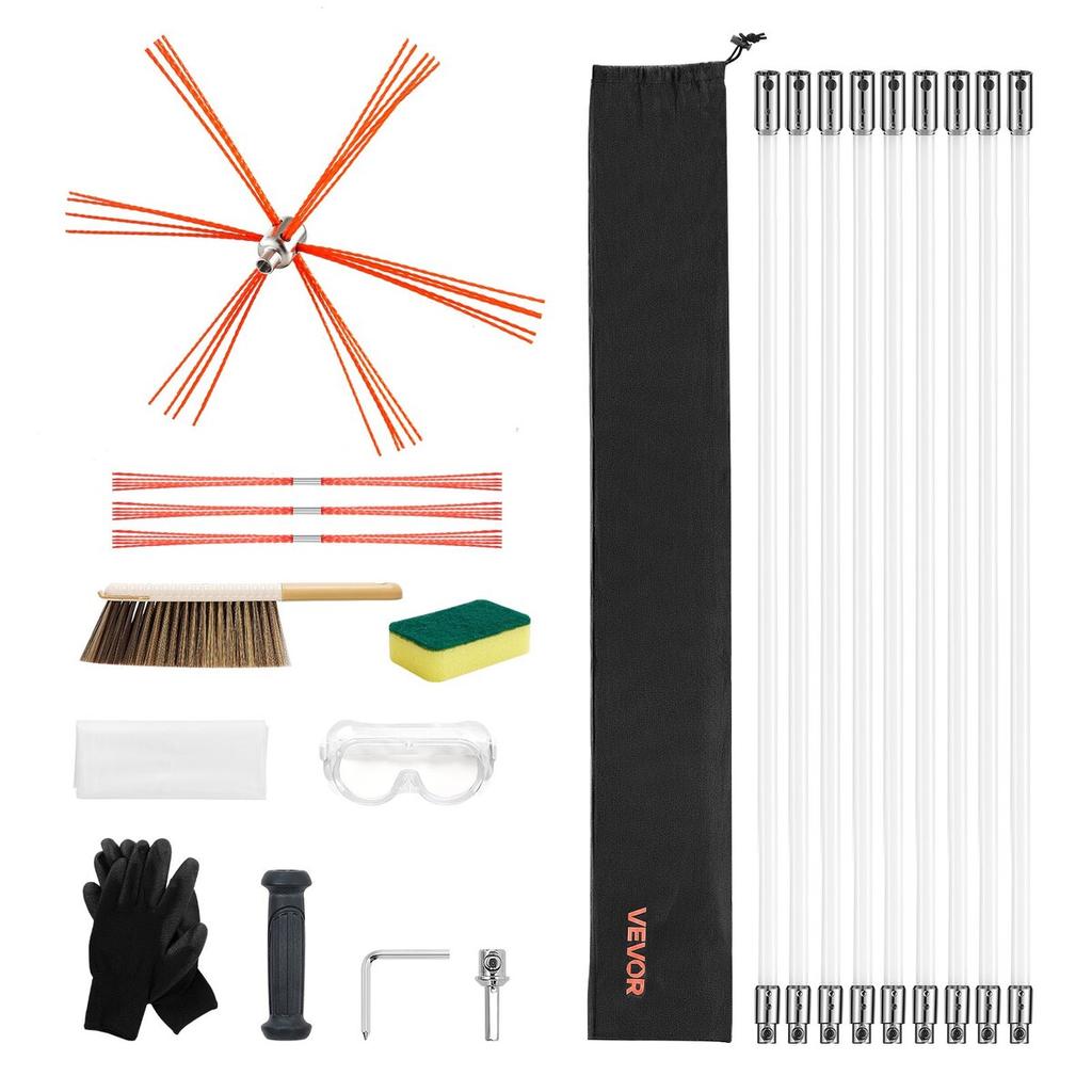 Chimney Sweep Kit, 9m Maximum Extendable Length Chimney Sweep, Chimneys Cleaning Kit with Bristle Replacements & Goggles, 90° Bendable Fireplace