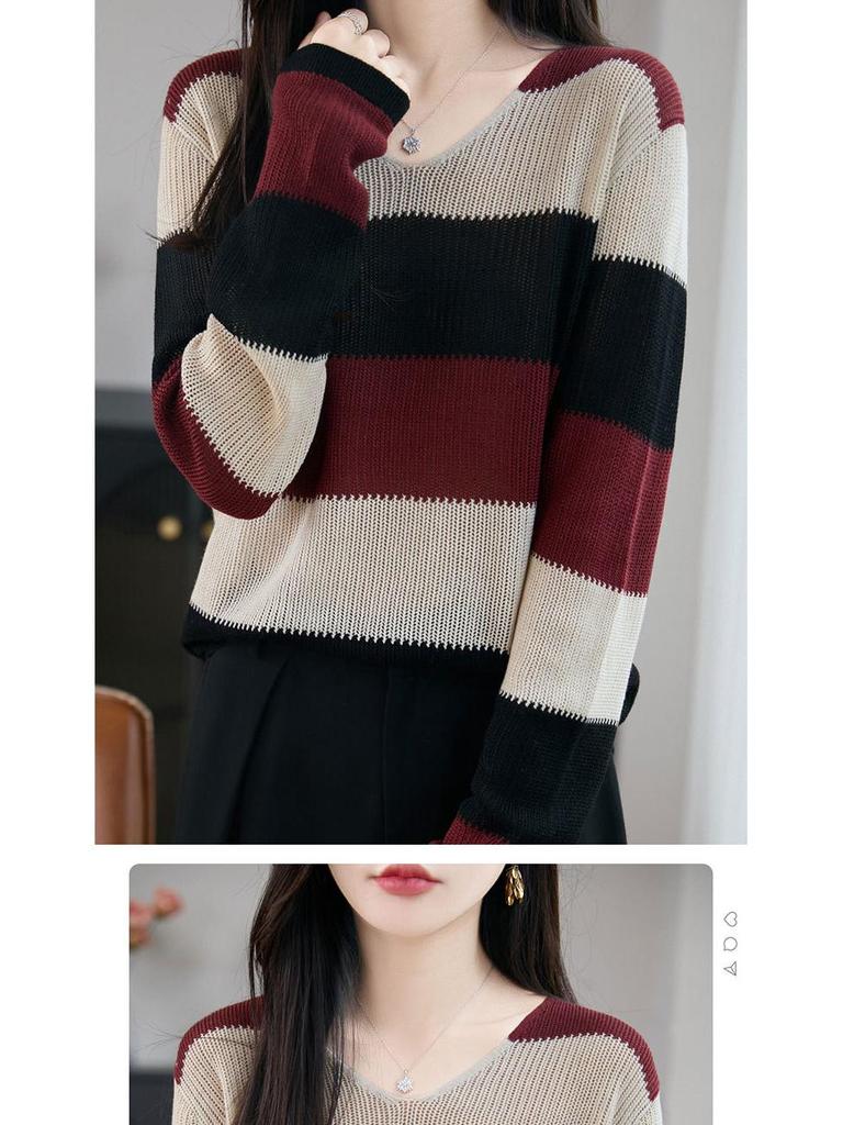 Women's Autumn V-Neck Color Block Striped Sweater - Soft, Loose, and Versatile