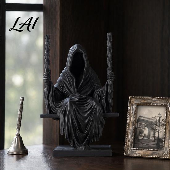 Three-dimensional Pleated Body 3D Printed Sitting Reaper Statue Faceless Man In Black Robe On Ornament Swing Figurine Gothic Cloak Sculpture