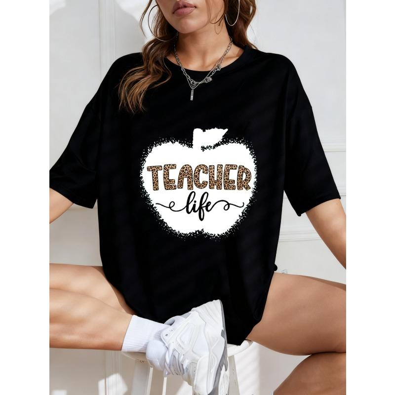 White Oversized T Shirt With Teacher Life Leopard Print Apple Design For Casual Wear And School Events