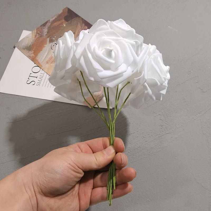 50 teile/pakete Weiß PE Rose Künstliche Blume Kopf Mit Stiel DIY Bouquet Hochzeit Party Dekoration Sammelalbum Liefert