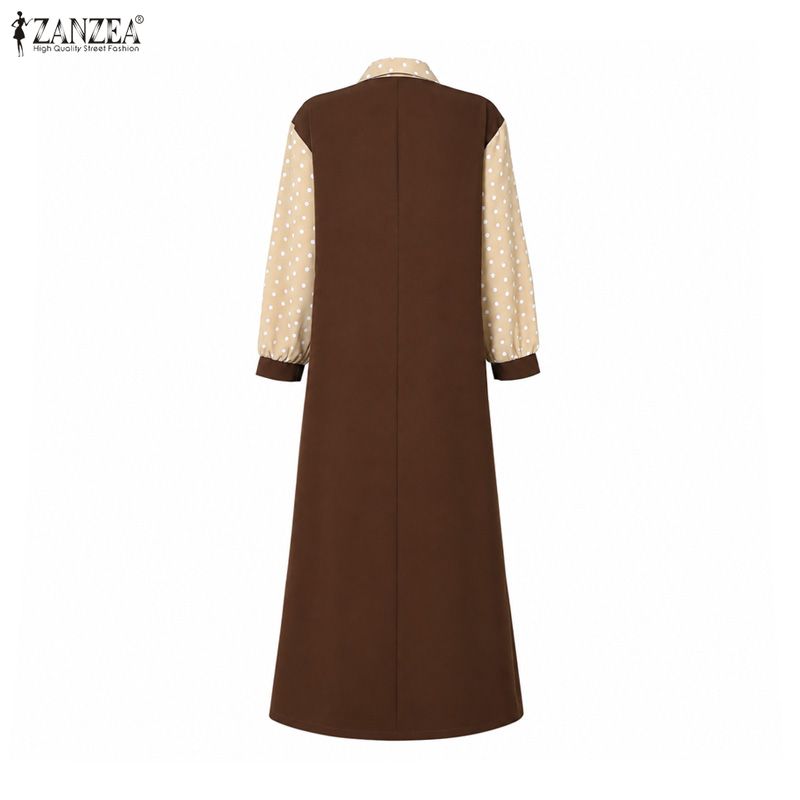ZANZEA Women Muslim Casual Polak Dot Print Splice Long Sleeve Loose Dress