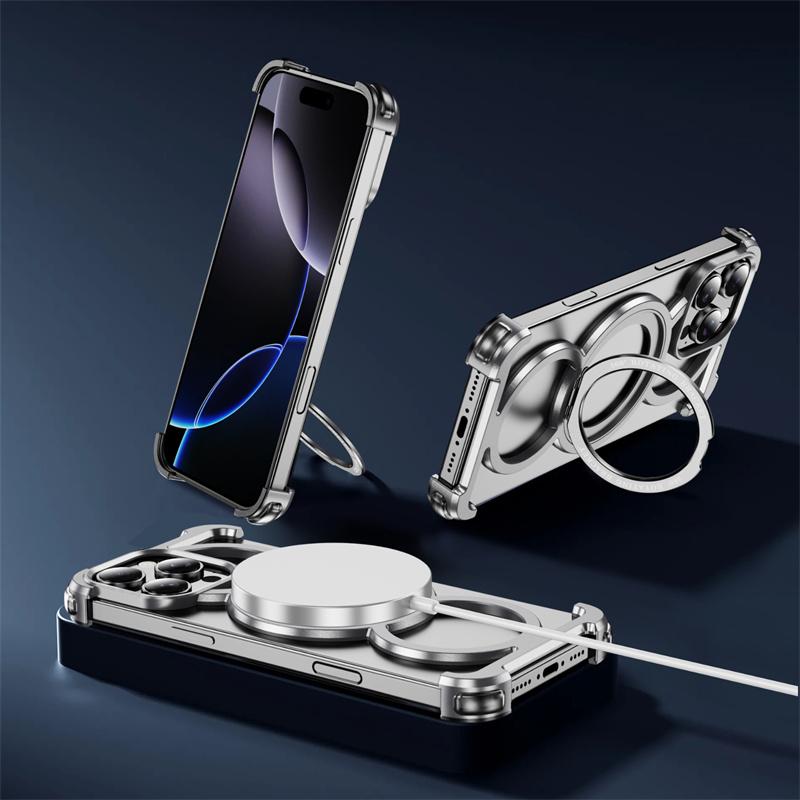 Metal Frame Magsafe 360 Rotate Holder Aluminum Phone Case For iPhone 13 14 15 16 Pro Max Plus Wireless Charging Shockproof Cover