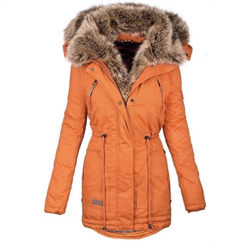 Dámská nová zimní teplá bunda s kapucí a kožešinovým límcem na zip, slim bavlněný kabát W133
