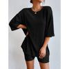 Women's Spring Solid Color Casual Outfit, Crew Neck Loose Top & Shorts Two-Piece Set
