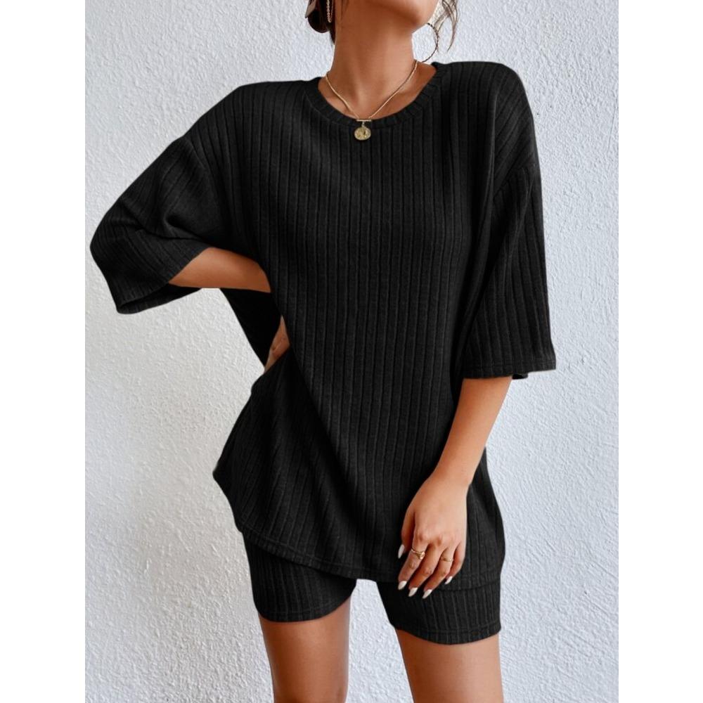 Women's Spring Solid Color Casual Outfit, Crew Neck Loose Top & Shorts Two-Piece Set