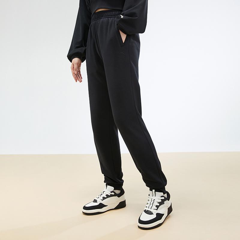 Anta Sports Lifestyle Series Solid Color Mid-Rise Cuffed Fleece Knit Joggers Women Joggers Black 962547312-1