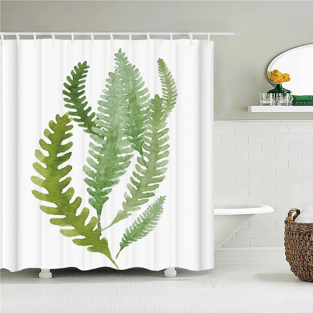 

~O~Waterproof Fabric Shower Curtain Printing Fresh Green Plant Leaves Bathroom Curtains Polyester Decoration Bath Screen with Ho W90xH180cm