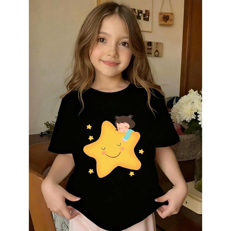 Europäische Größen Süßes kleines Mädchen mit einem Aufdruck mit Sternenmuster, Kurzärmeliges T-Shirt für Mädchen, Rundhals lässiges Oberteil, Geeignet für kleine Mädchen