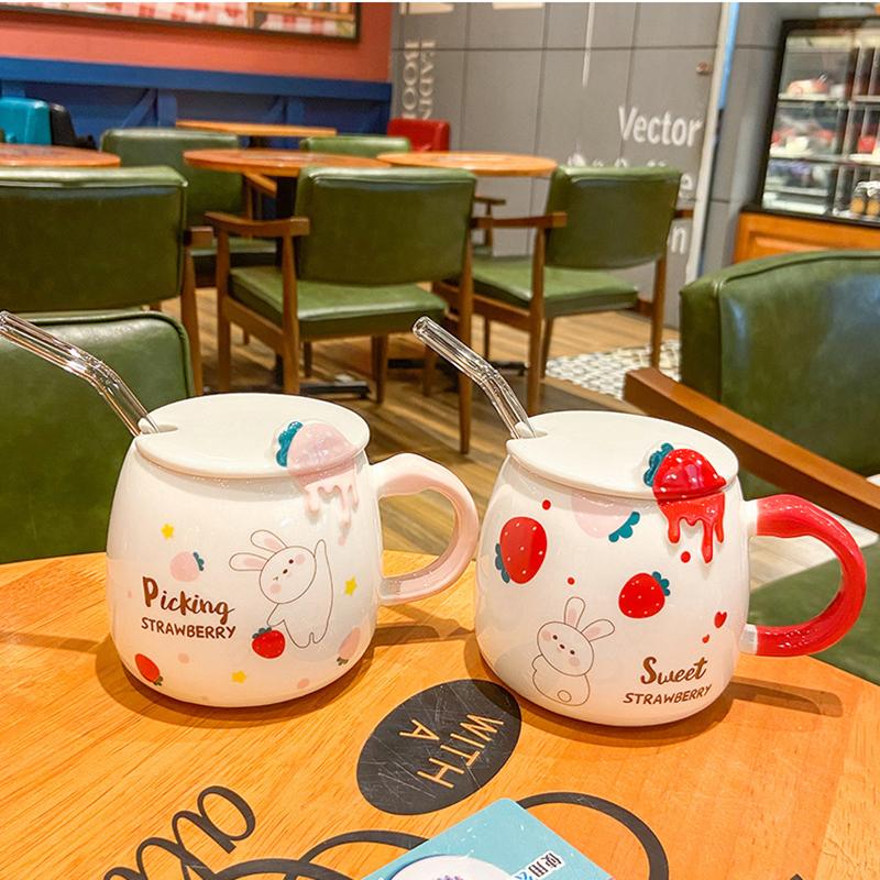 Cute Rabbit Strawberry Mug Straw Coffee Cup Mug for Tea Mugs Funny Cups and Mugs Drinkware Kitchen Dining Bar Home Garden