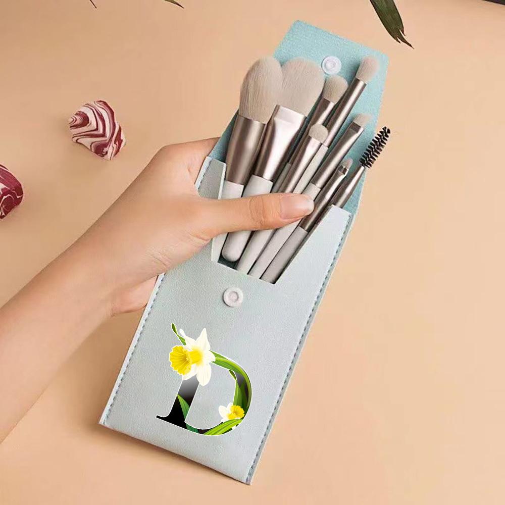 8pcs Travel Makeup Brush Case Kit Travel and Daily Use Beauty Set Blending Beauty Tool Bag Flower Color 26 Letters Pattern