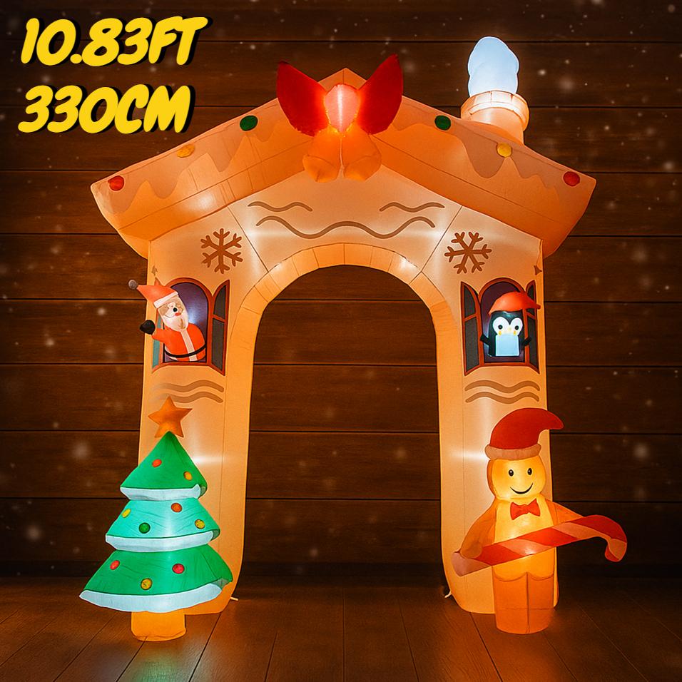 10.83FT Yard Party Decoration Inflatable Christmas Arch House Santa Friends Toy LED Lit Festive Gift Supplies Xmas Home Ornament