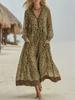 Vintage Wild Leopard Print Hooded Long-sleeved Long Dress Half Zipper V-neck Elastic Waist Swinging Seaside Vacation Dress