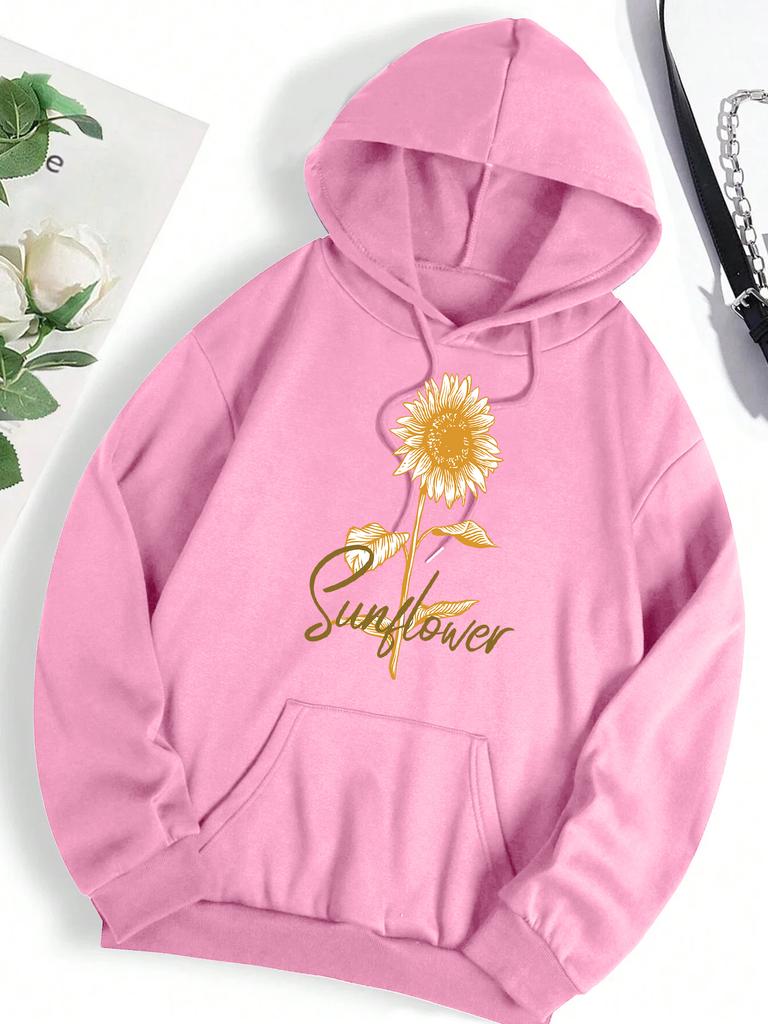 Blooming Beautiful Sunflowers Print Woman Hoody Solid Color Crewneck  Pullover Sport Trendy Women Clothing Breathable Loose Top