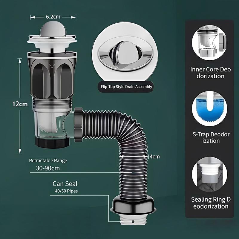 Flip Top Anti-Odor Drain Pipe Set Kitchen Sink Drain Retractable Deodorizing Filter Flexible Downspout Bathroom Anti Clogging
