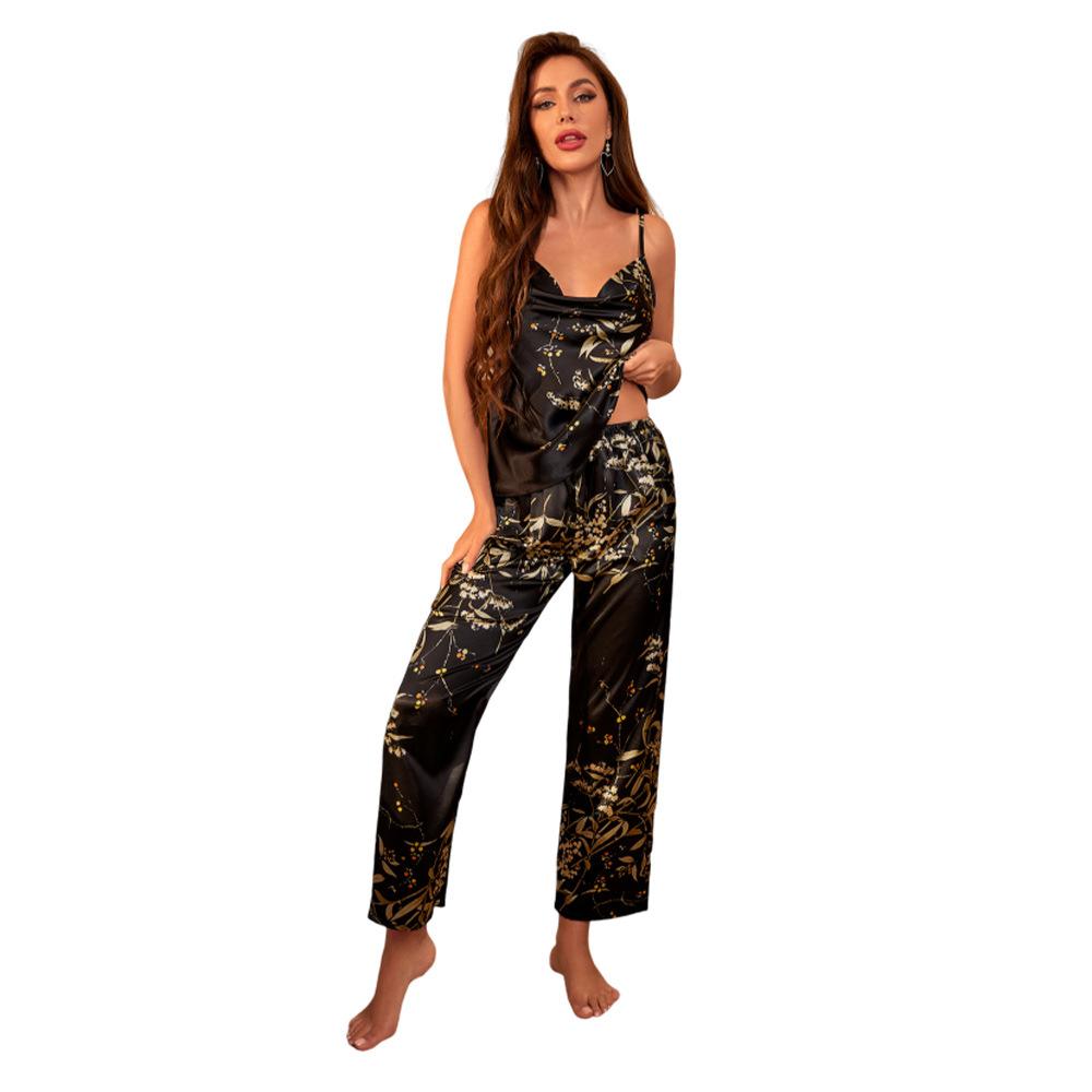 Sexy Hosenträger-Pyjama-Set für Sommer, Damen, Satin, Nachtwäsche, Hosenanzüge, Druck, Blumen-Pyjama, lockere Homewear