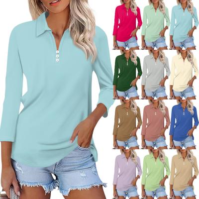 Women's Fashion Casual Lapel 3/4 Sleeve Solid Color Shirt Women's Button V Neck  Up Tops