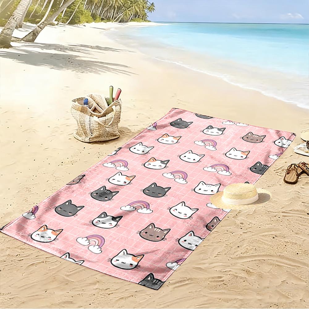 Cute Cat Faces and Rainbow Pattern Towel Beach towel quick-drying for travel outdoor sports jogging beach and swimming
