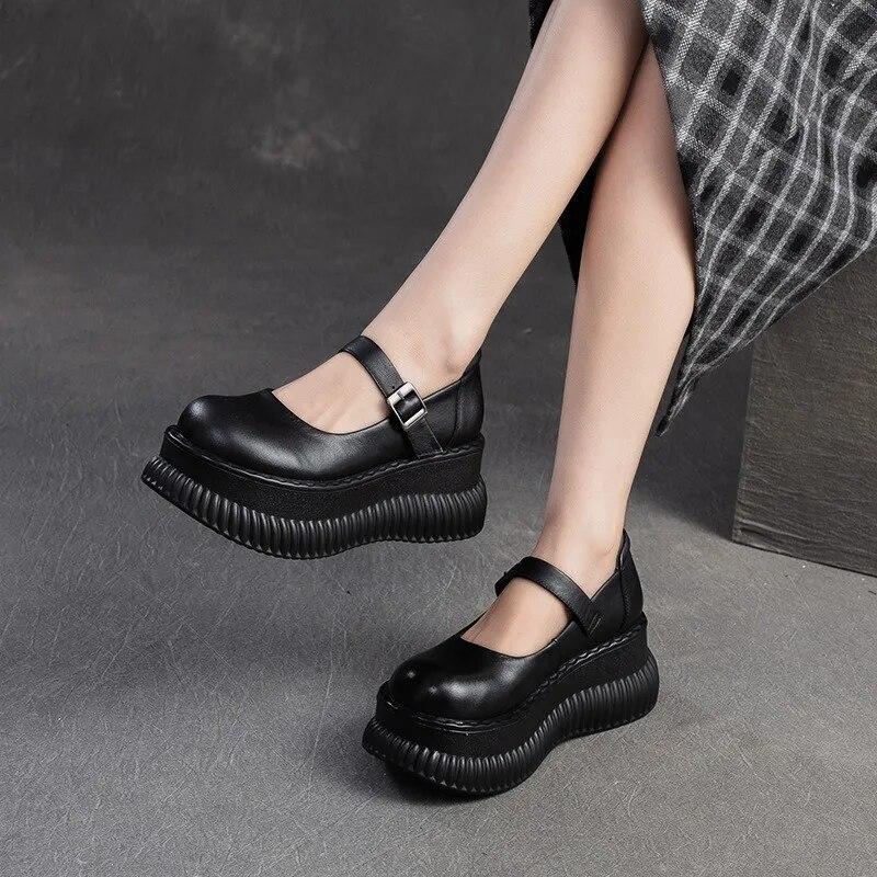Johnature Scarpe Mary Janes Scarpe con plateau piatte in vera pelle Sandali con altezza della suola spessa con fibbia