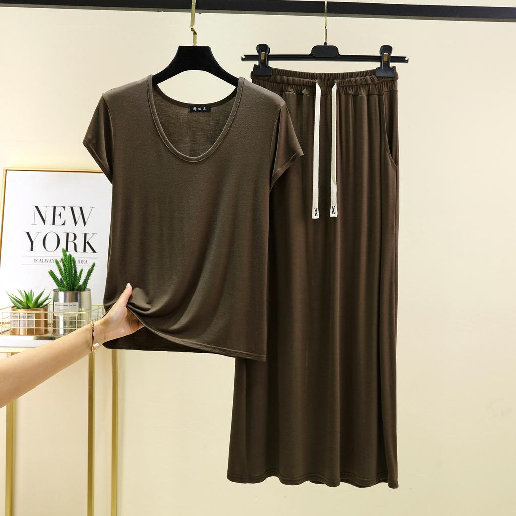 Modal homewear 2pcs suit U-Neck short sleeve Tshirts and Long skirt Plus size Loose fashion dress sets Women's matching set