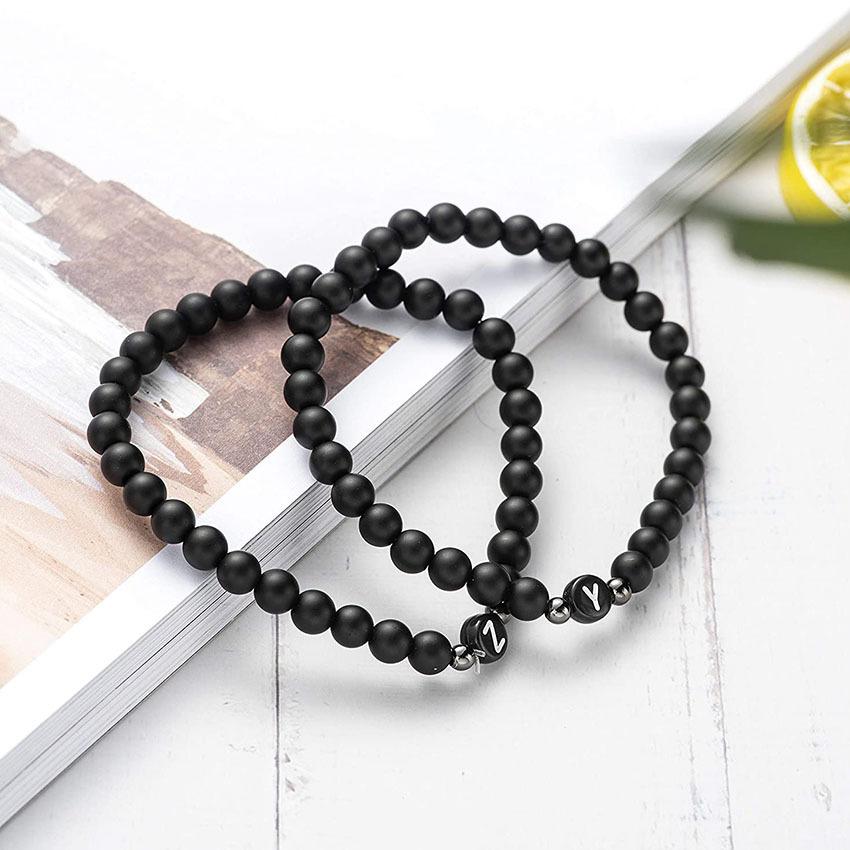 6 mm Armband aus natürlichem, mattiertem Achat für Damen und Herren, handgefertigtes Perlenarmband mit Buchstaben, modisches Design mit 26 Buchstaben, Partnerschmuck