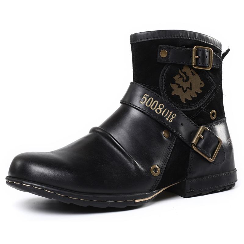 Herren Retro Ritterstiefel Herbst Neu Runde Spitze Metallschnalle Seitenreißverschluss Herrenstiefel Modetrend Lokomotivstiefel Große Größe 39-48