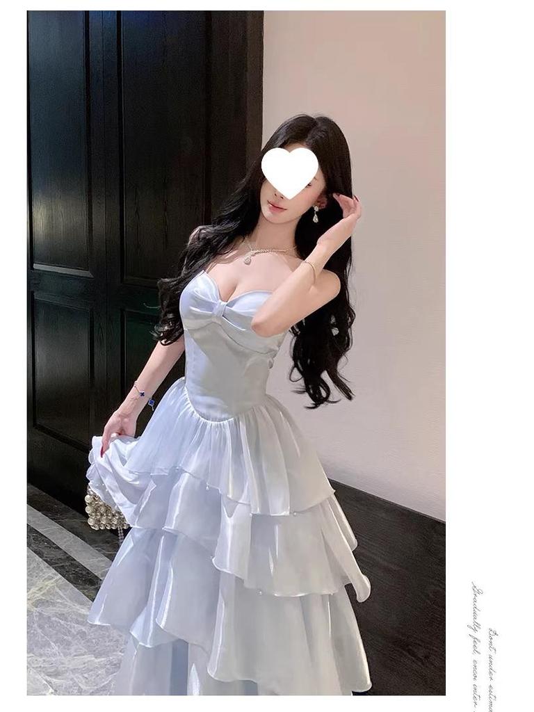 Französisch Blau Glänzendes Camisole Kuchenkleid für den Geburtstag von Mädchen oder den Urlaub am Meer; Taillenbetonend, Schlankmachend, Langes Kleid