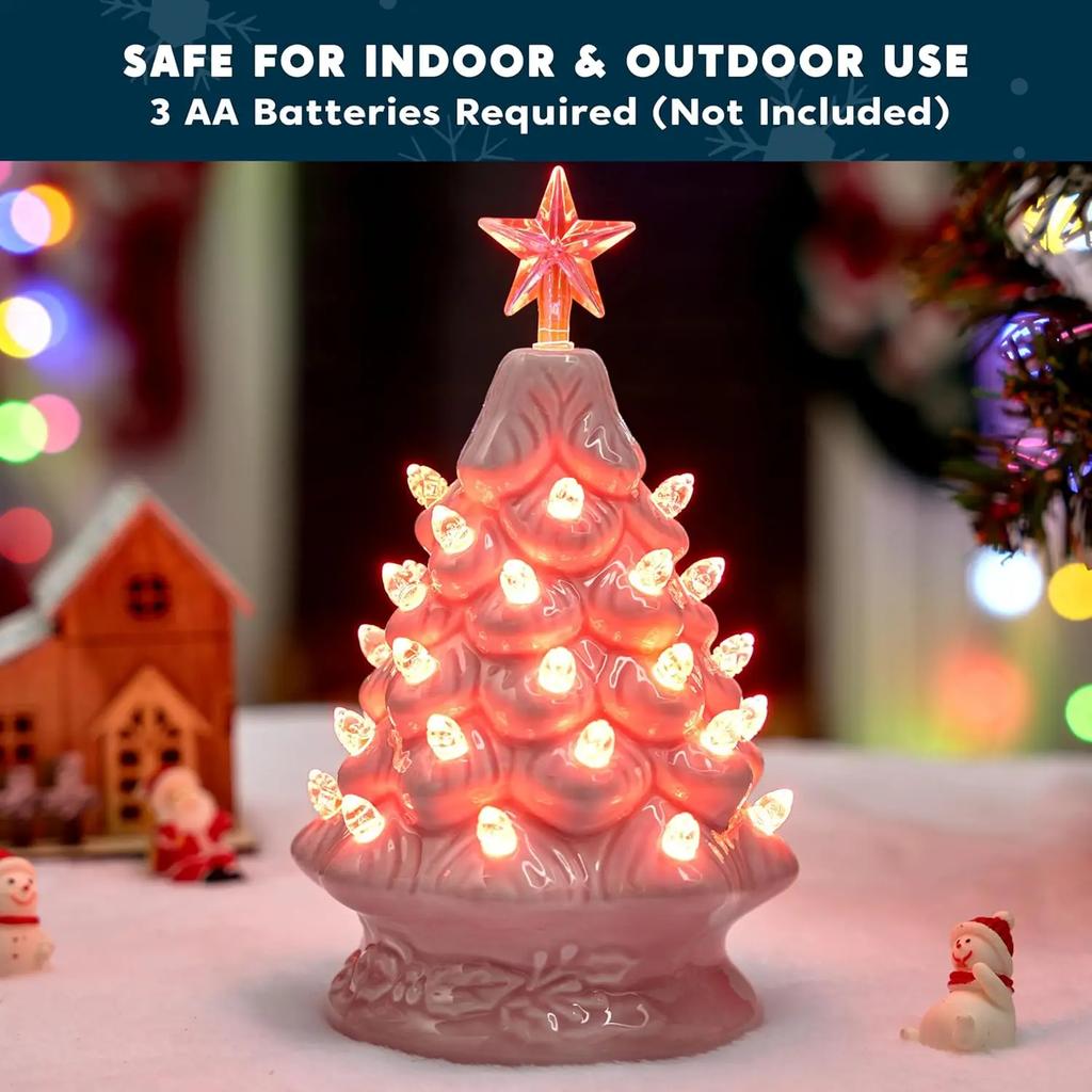 JOYFY Pink Ceramic Christmas Tree 7 inch Prelit Tabletop Christmas Ceramic Tree with Extra Clear Top Star for Xmas Holiday Gift