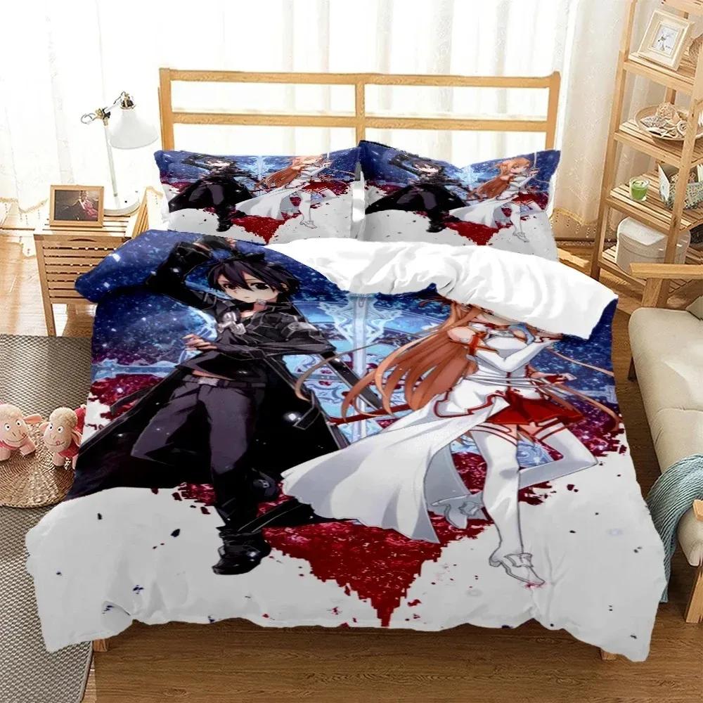 SAO Anime Art Print Three Piece Bedding Set Fashion Article Beds Quilt Covers Pillowcases Duvet Cover for Boys Adults
