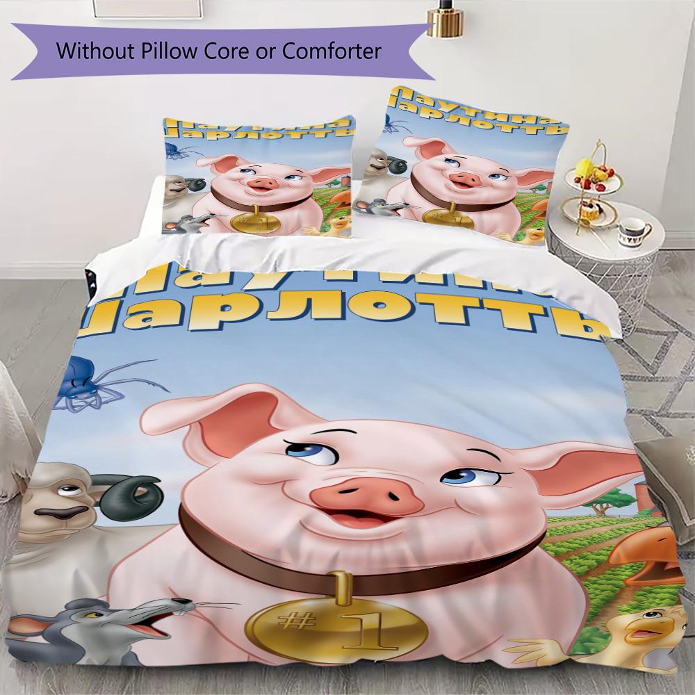 Charming piglet and Charlotte Pattern Bedding,Quilt Set Quilt Cover Pillowcase Home Birthday Gift (1*duvet cover+2*pillowcase,without core)XSJT0917427