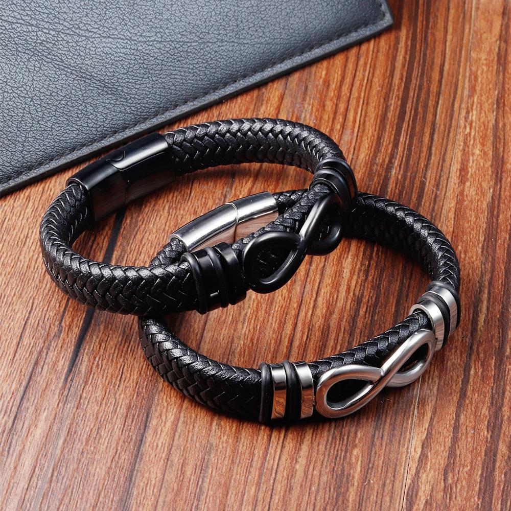 Schwarzes Lederseil-Armband mit 8 Unendlichkeitszeichen für Männer, modisches handgewebtes Armband, Edelstahlverschluss, verstellbares Lederband