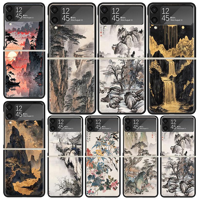 Chinese Style ink Painting Art Cases For Samsung Galaxy Z Flip 4 5 6 7 3 Z Flip7 Flip6 Flip4 Flip5 Flip3 5G Hard Shockproof Fund