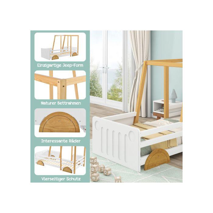 Lit de voiture, lit d'enfant avec roues en MDF, cadre en pin, blanc + naturel (90x200cm)