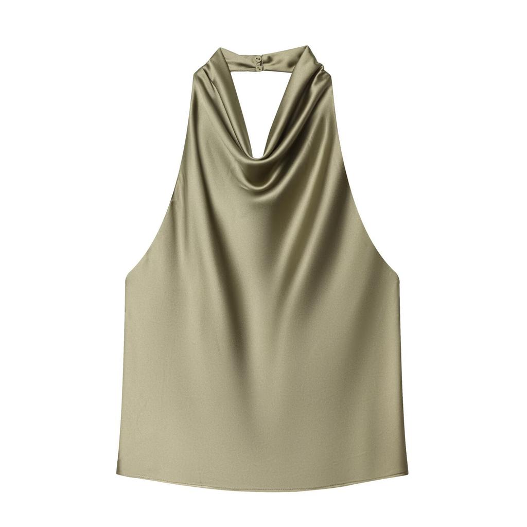 Style Européen et Américain Nouveaux Vêtements pour Femmes Sans Manches Tendance Satin Texturé Col Halter Top 2231399