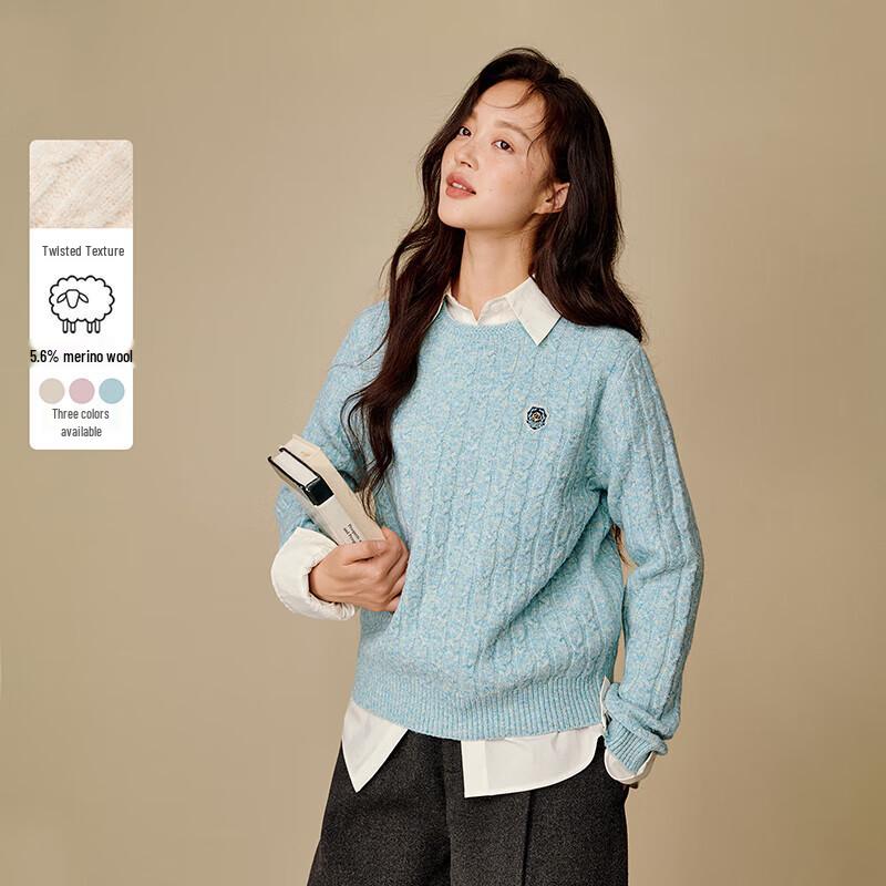 INMAN Women's Cable Knit Round Neck Wool Sweater