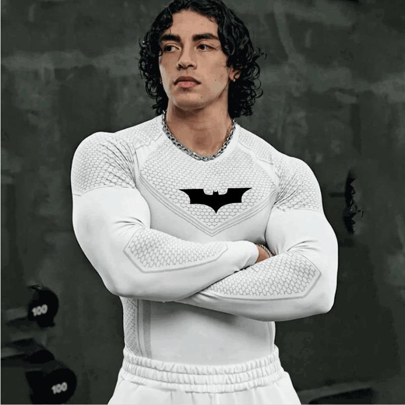 Men's Compression Long Sleeve Shirt Superhero Bat Print Workout Tops Breathable Quick Dry Athletic Base Layer for Gym Running Tr