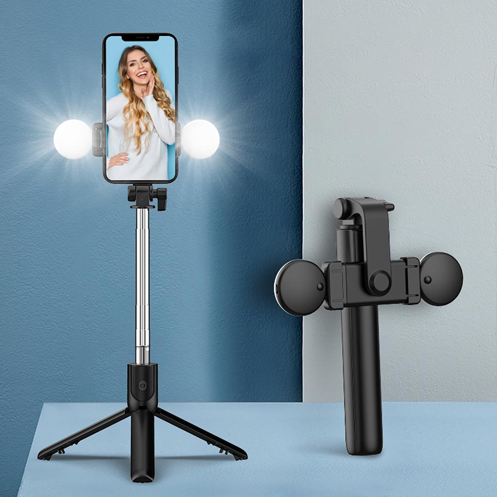 Telescopic selfie stick with remote control, LED lamp, phone tripod stand, 071m black